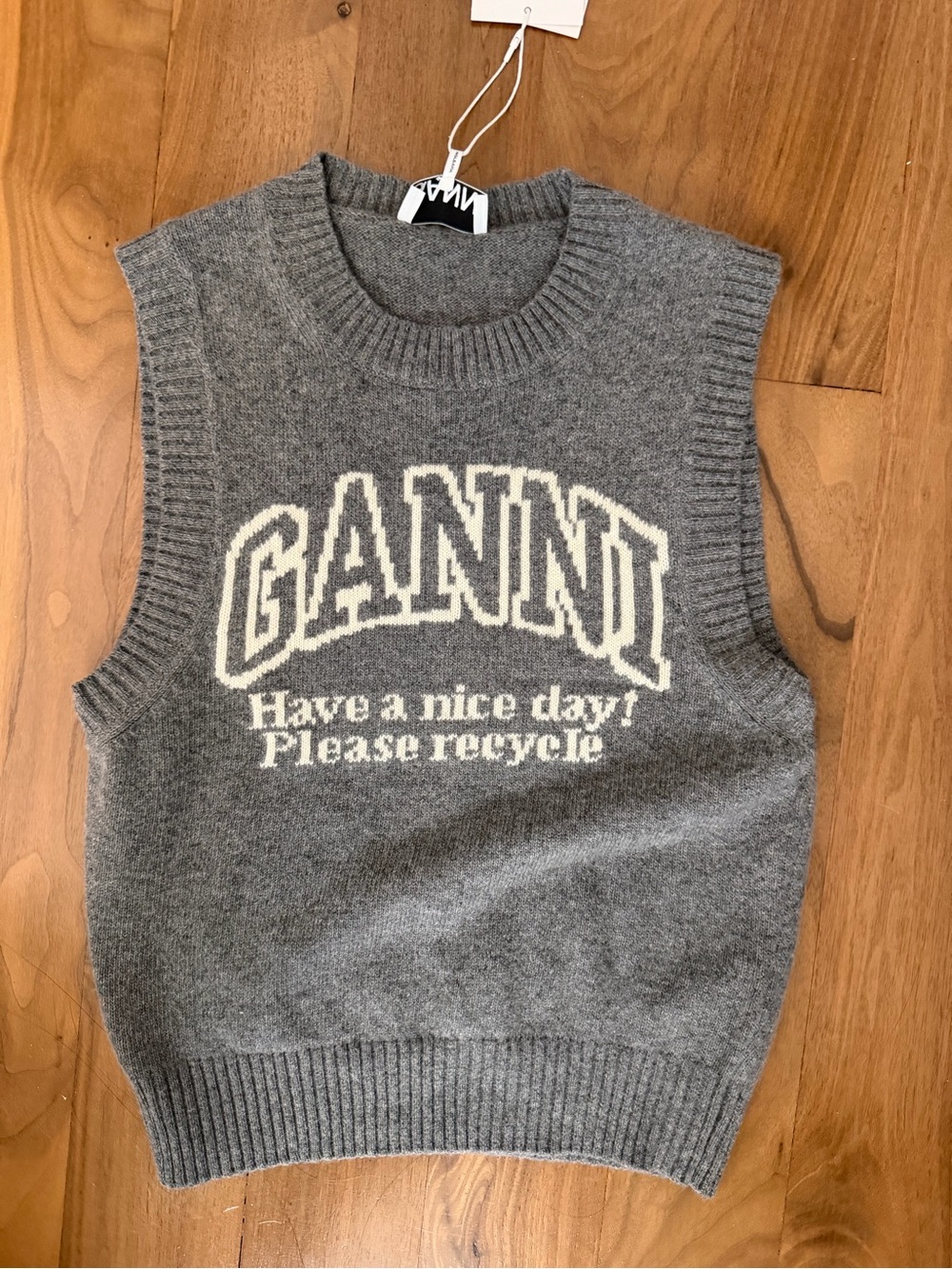 Ganni Grey Knit Logo Sweater Vest with White Text